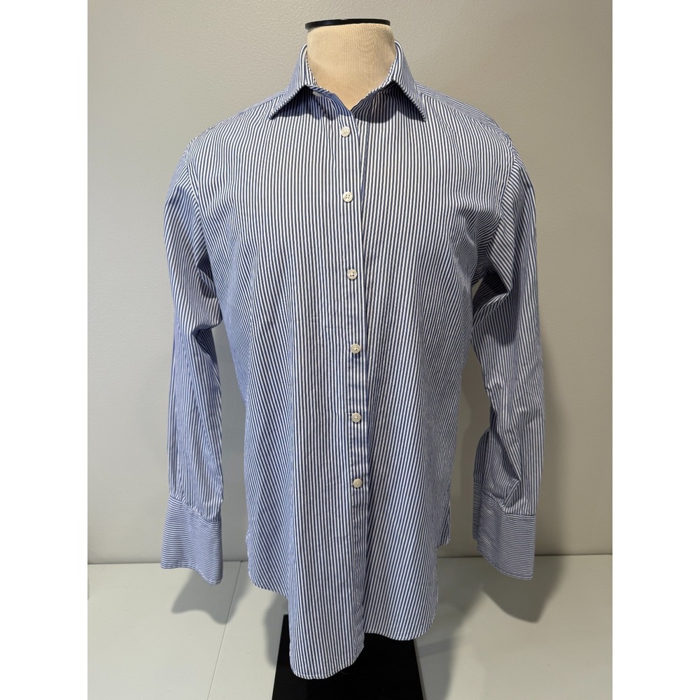 T.M.Lewin‎ Dress Shirt Men's 16.5 Blue White Striped Cotton Formal Regular Fit